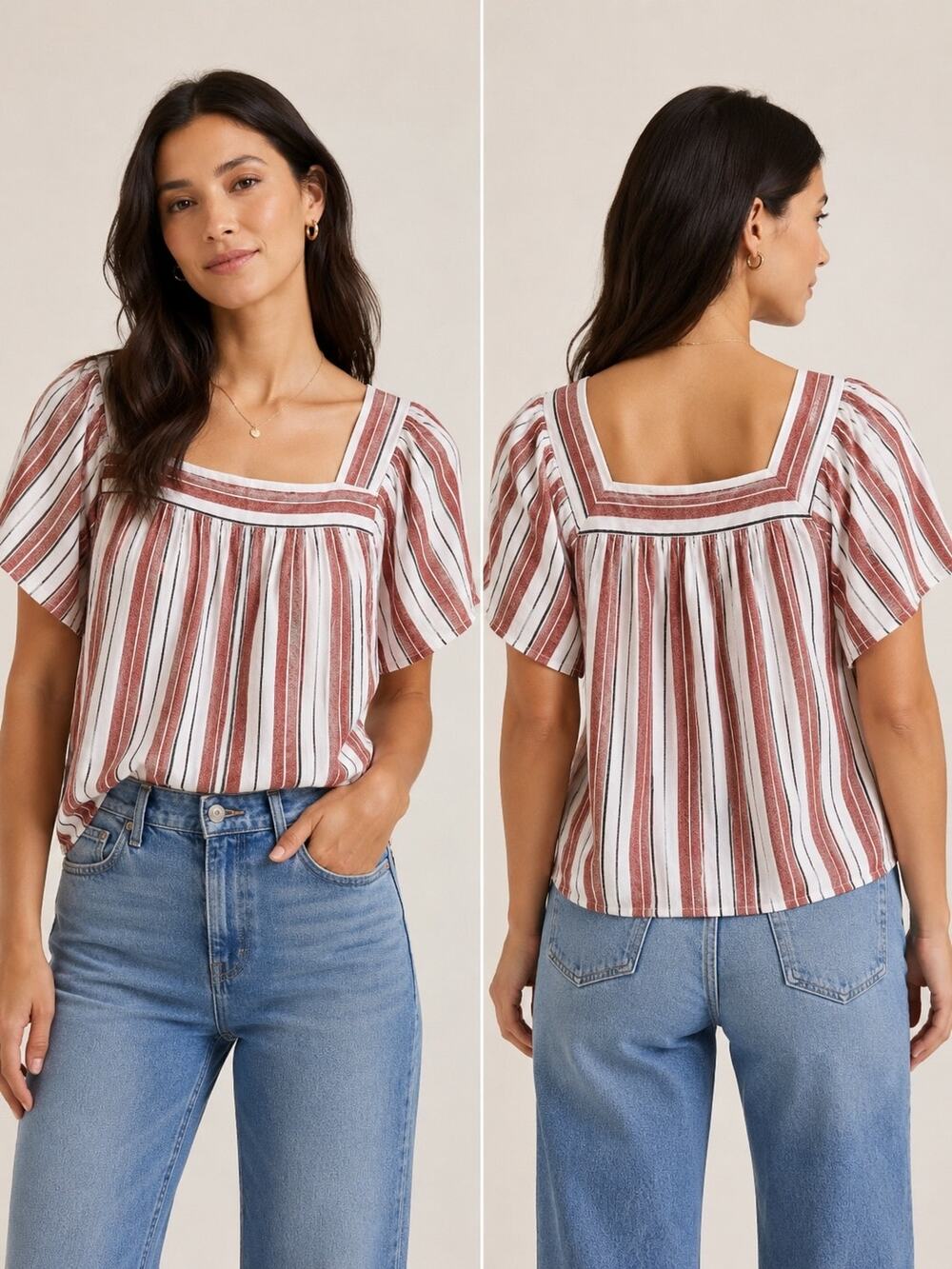 Ann Taylor LOFT Linen Peasant Blouse XS Red White Stripe